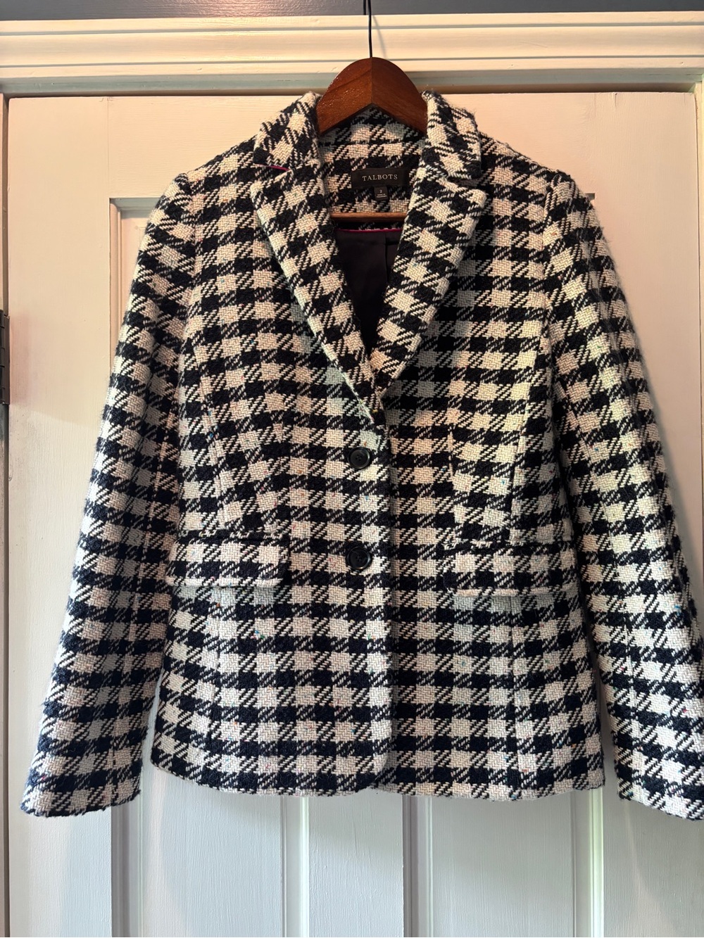Talbots Black and White Houndstooth Wool Blend Blazer